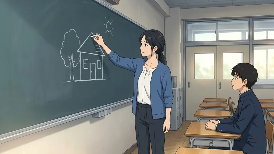 教師が黒板に絵を描いて説明している様子