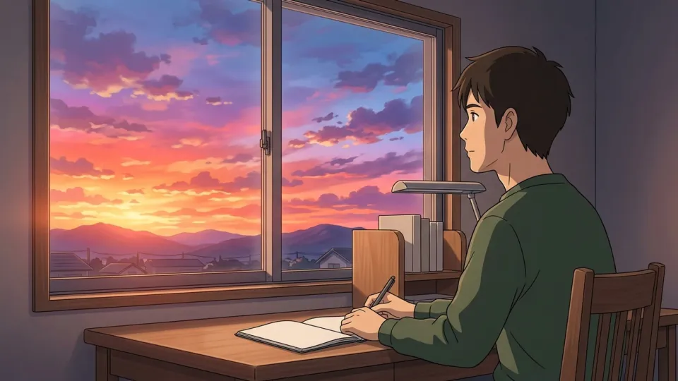 作家が夕焼けの風景を頭の中で思い描いている様子