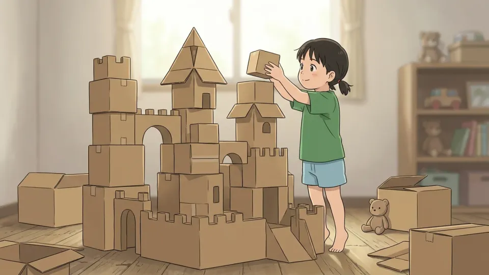 ダンボールでお城を作る子供