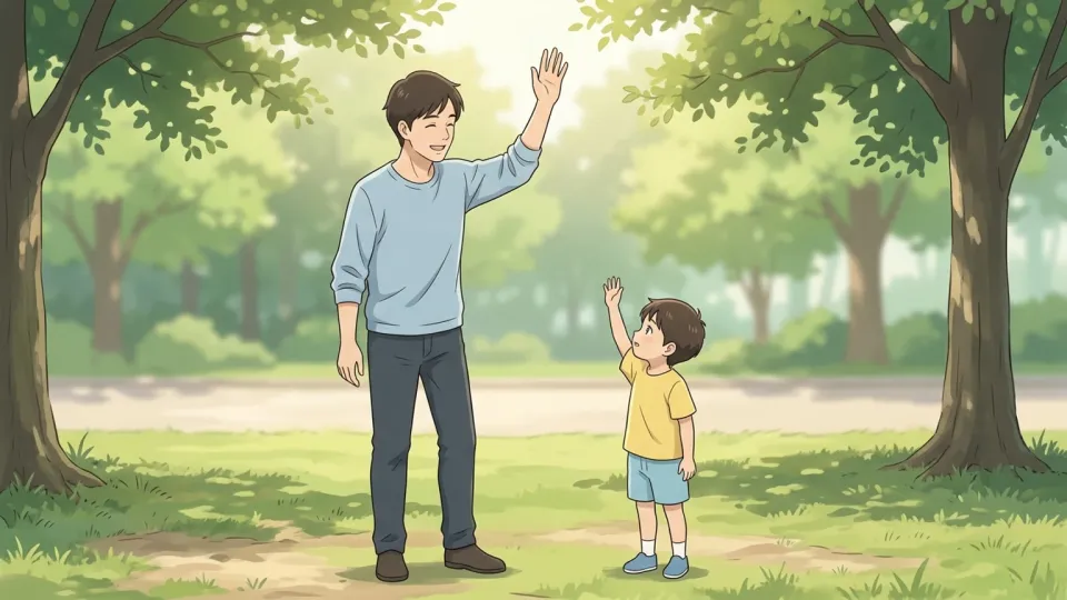 親の動作をまねる子どものイラスト