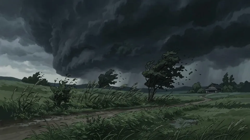 巨大な暗雲が迫る荒涼とした風景