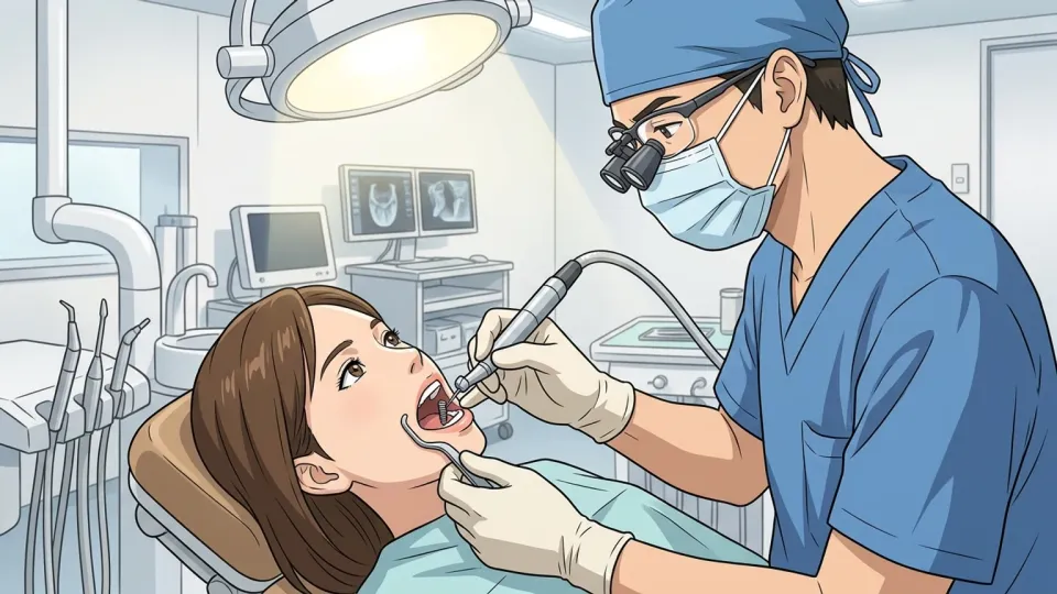 外科医が患者の顎の骨にインプラントを埋め込んでいる様子