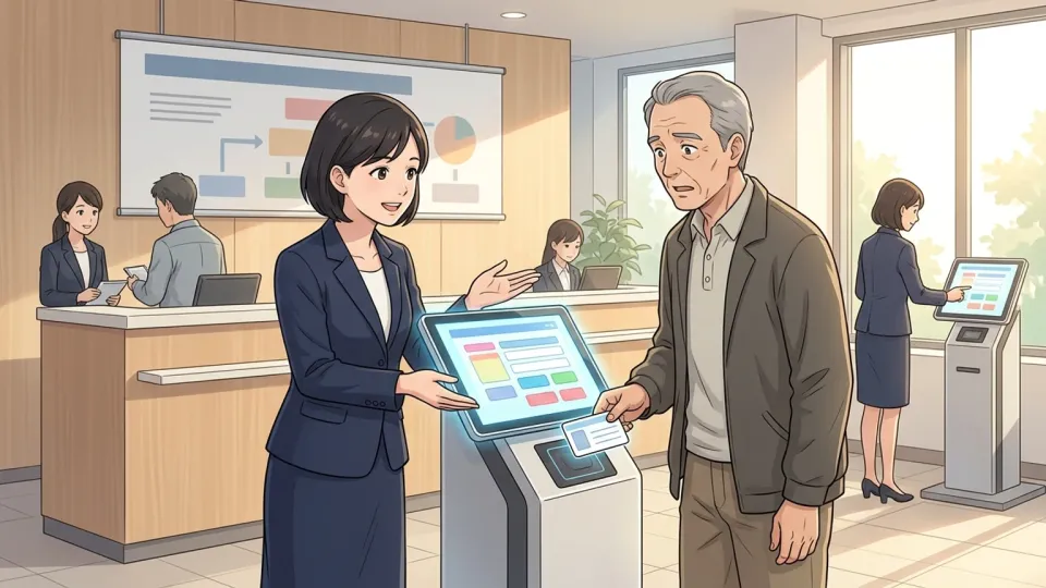 支店スタッフが新しい受付手順を実施している