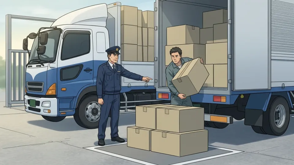 重量検査で過積載が判明した車両を係員が止め、運送業者に罰則と荷下ろしを求める場面