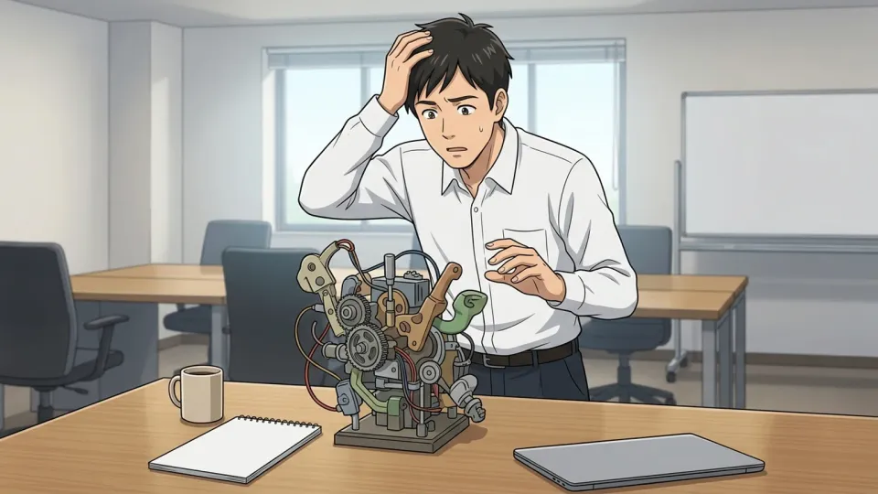 実用的ではない複雑な計画に頭を抱える男性のイラスト
