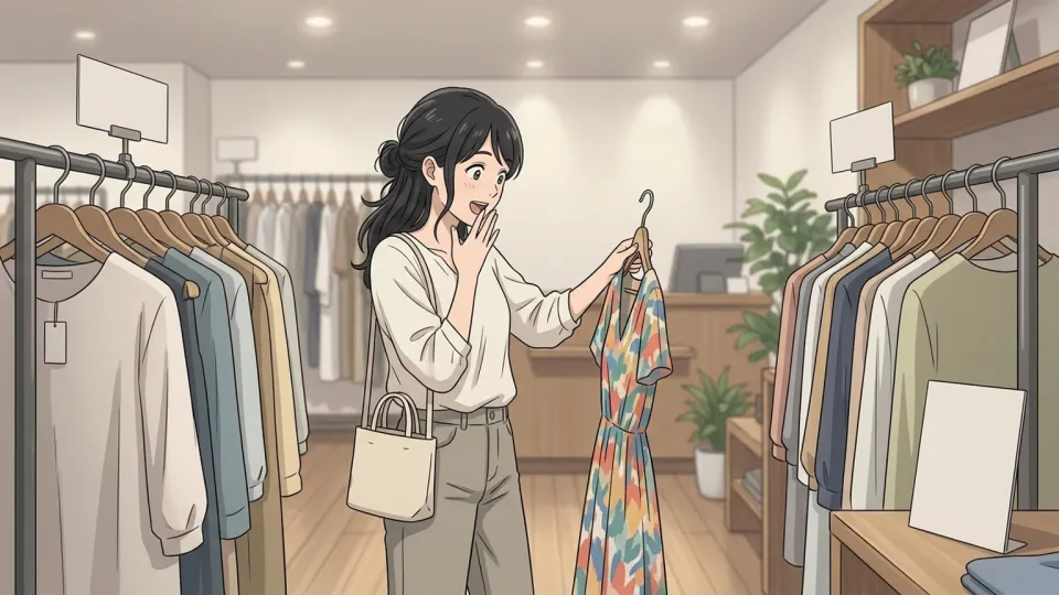 ドレスを衝動的に手に取る女性のイラスト