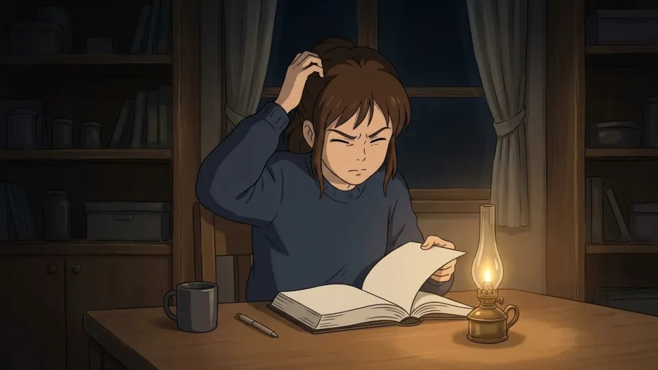 薄暗い部屋で本を読むのに苦労している様子
