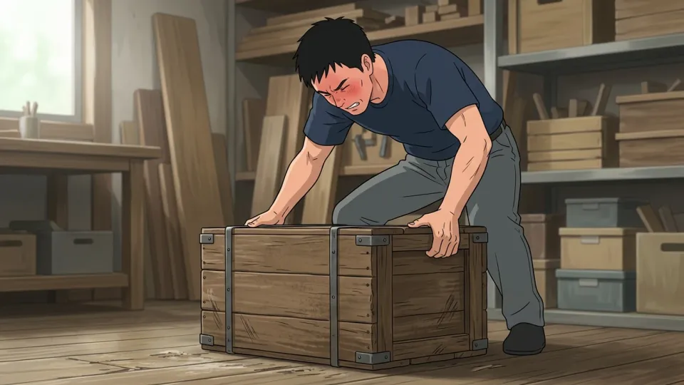 重い箱を持ち上げられない男性