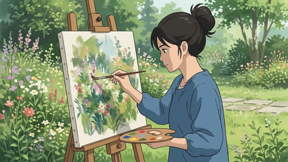 女性がキャンバスに絵を描いている様子