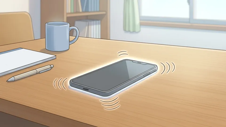 机の上で光る着信中のスマートフォン