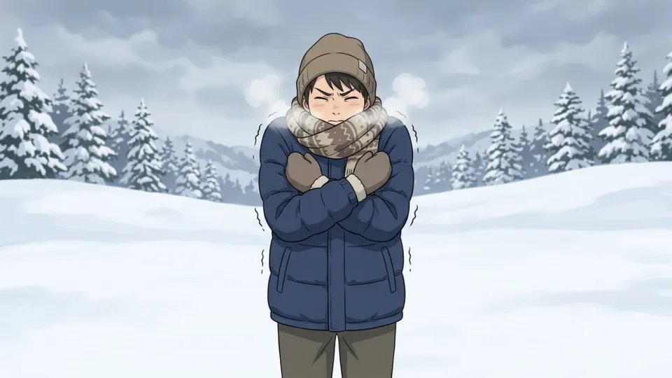 雪の中で寒さに震える人物