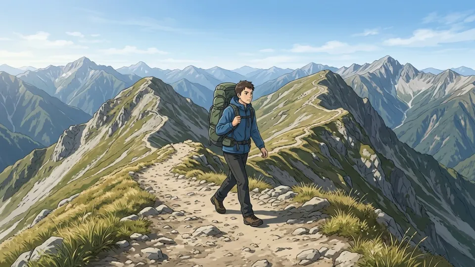 山道を自主的に歩くハイカー