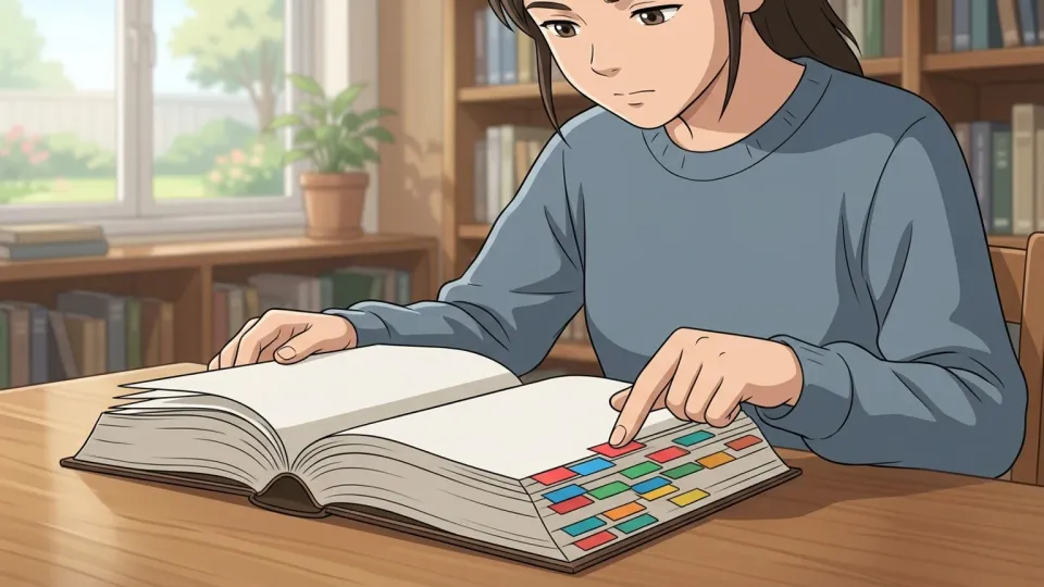 本の巻末にある索引のリストを指差す様子