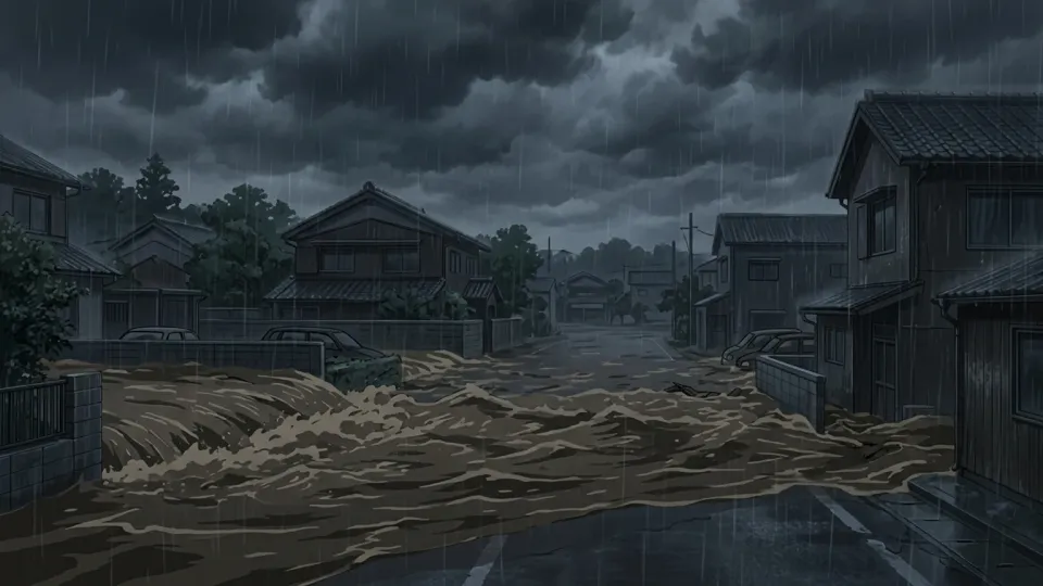 豪雨によって洪水が発生している様子