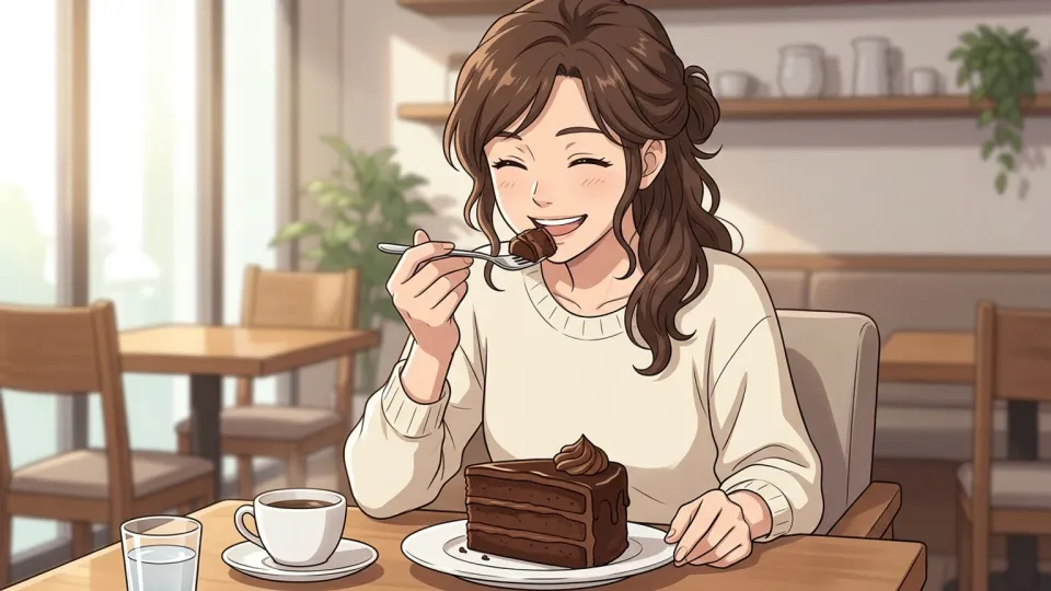 チョコレートケーキを味わう女性