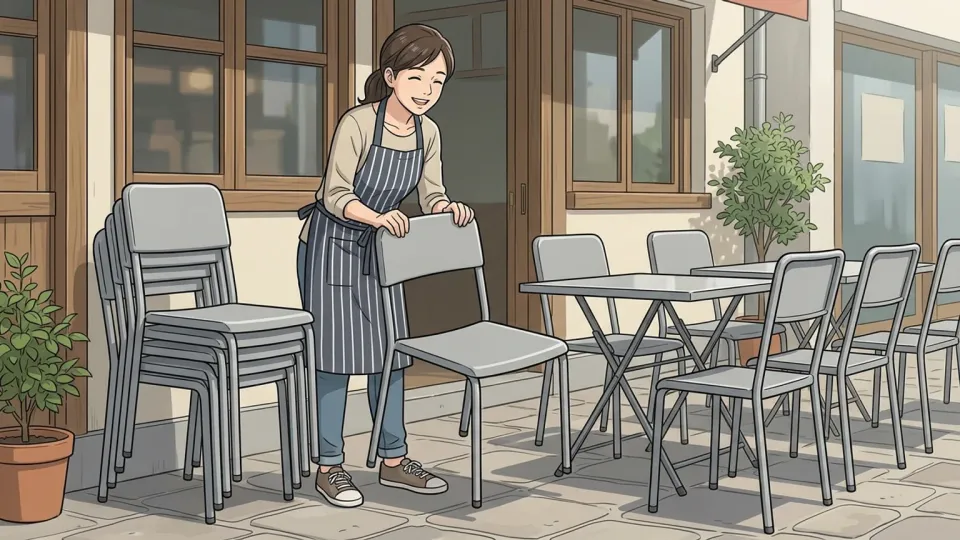 屋外席に手頃な椅子を用意するカフェの店主