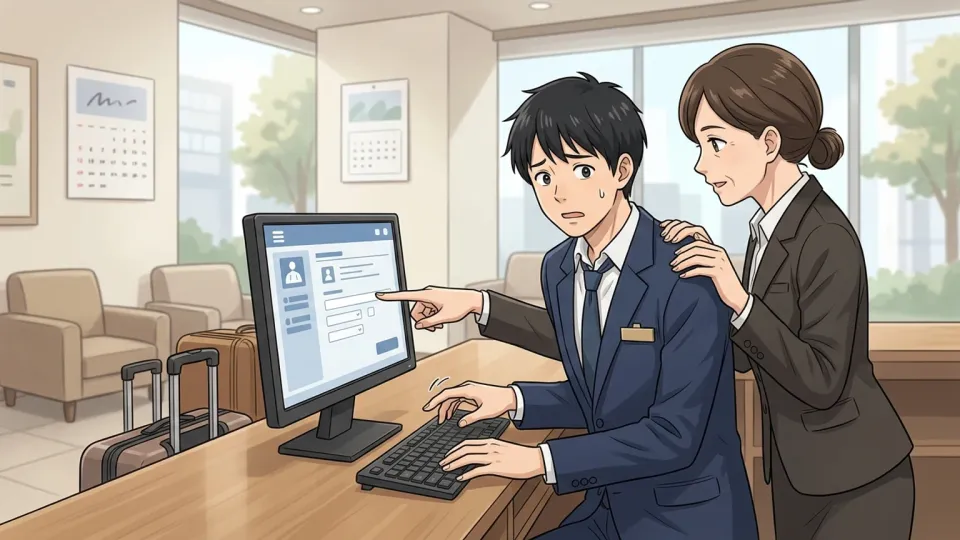 予約システムへの不慣れから先輩に助けられる新人