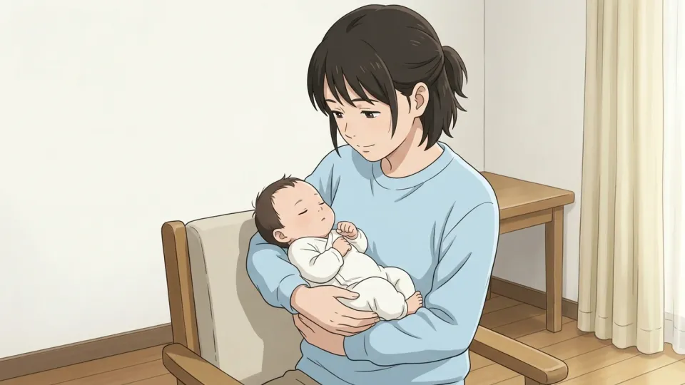 母親に抱かれて眠る乳児。