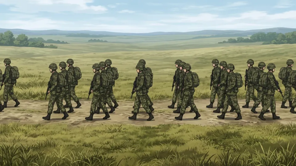 訓練中に行軍する歩兵部隊