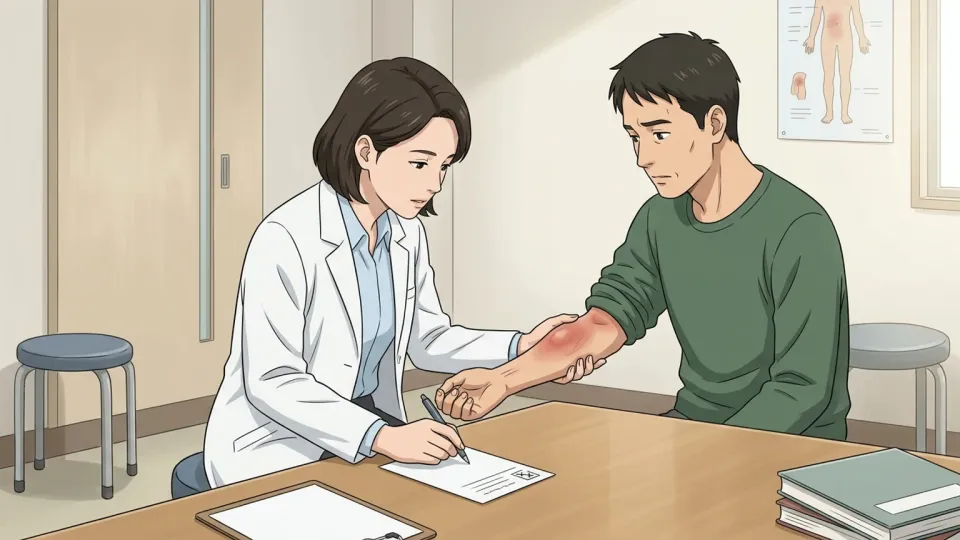 医師が細菌感染症の患者に薬を処方している場面。