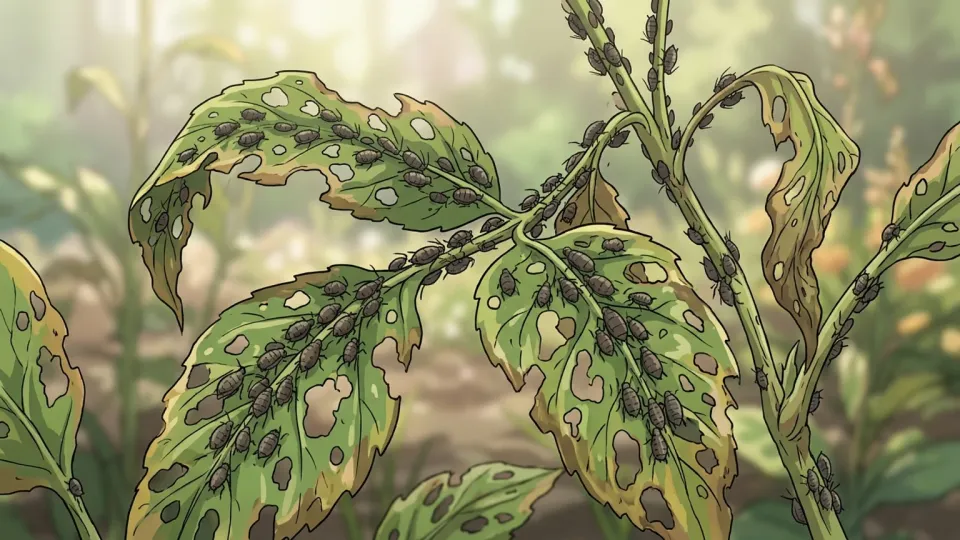 庭の植物に大量の昆虫が群がり食い荒らしている様子