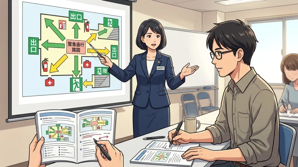 安全管理者が社員へ緊急手順を詳しく説明している