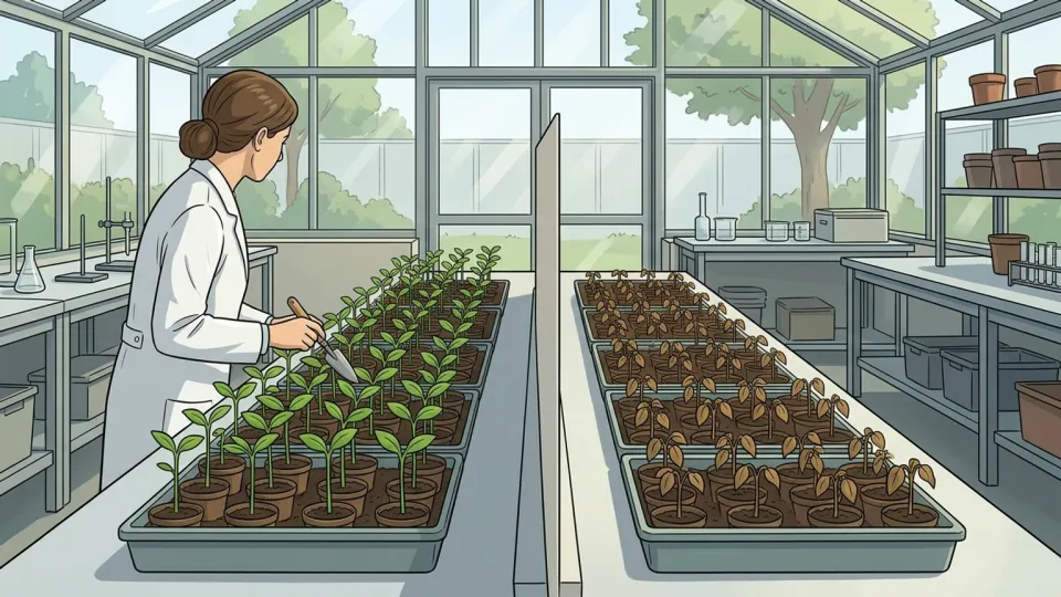 実験室で植物の成長が抑制されている様子