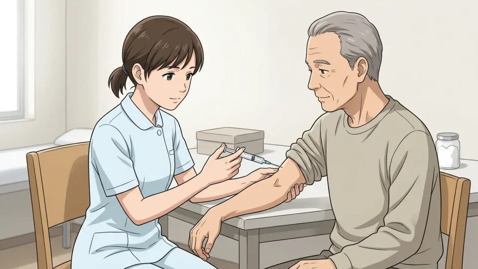 看護師が患者に注射をしている場面。