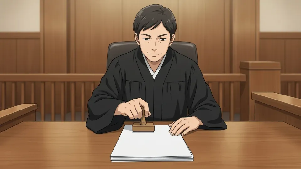 裁判官が法廷で差止命令を下している様子