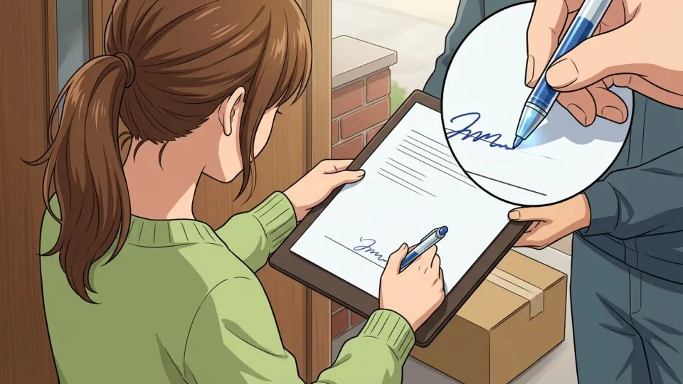 青インクのペンで配達受領書に署名する受取人