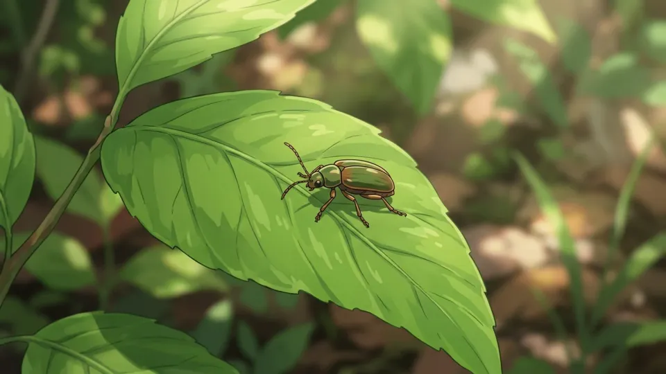 緑の葉の上を這う昆虫
