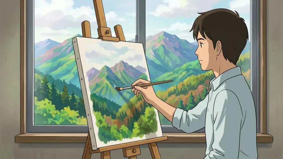 美しい景色からインスピレーションを得て絵を描く画家