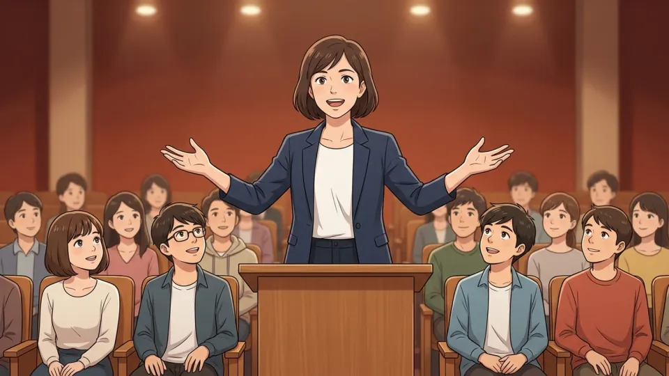 演壇で情熱的にスピーチをする女性と聞き入る学生たち
