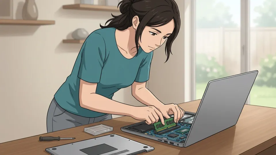 ノートパソコンのセットアップを行う女性