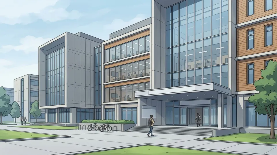 近代的な建物の前に立つ学生たち