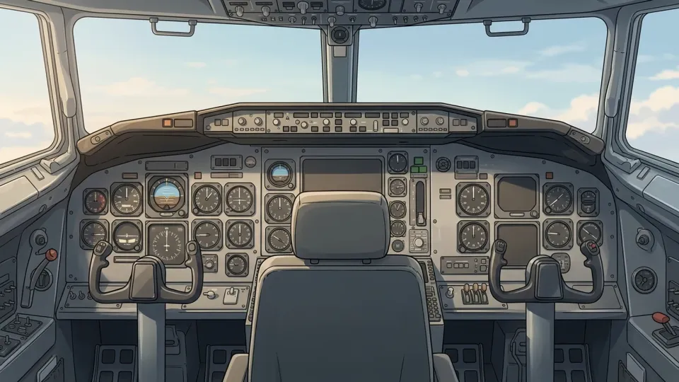 飛行機のコックピットに並ぶ計器パネル