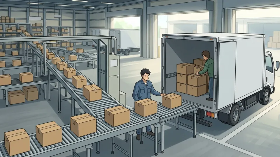 別々に動いていた倉庫の仕分け設備と配送工程が連結され、荷物が途切れず一つの流れで進む場面