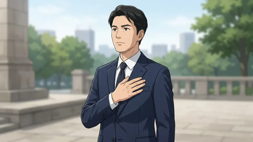 誠実な態度で立つ男性