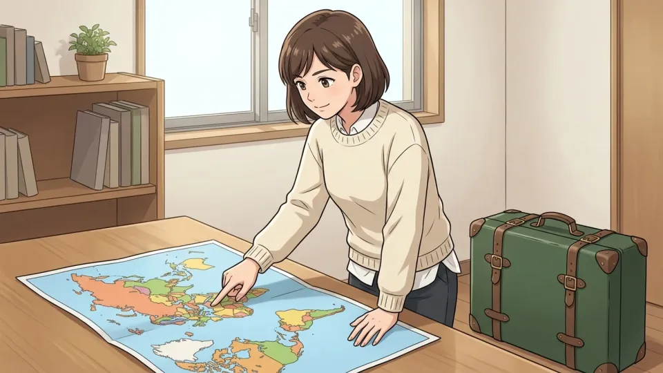 世界地図を見つめながら来年の留学の計画を心に決める女性