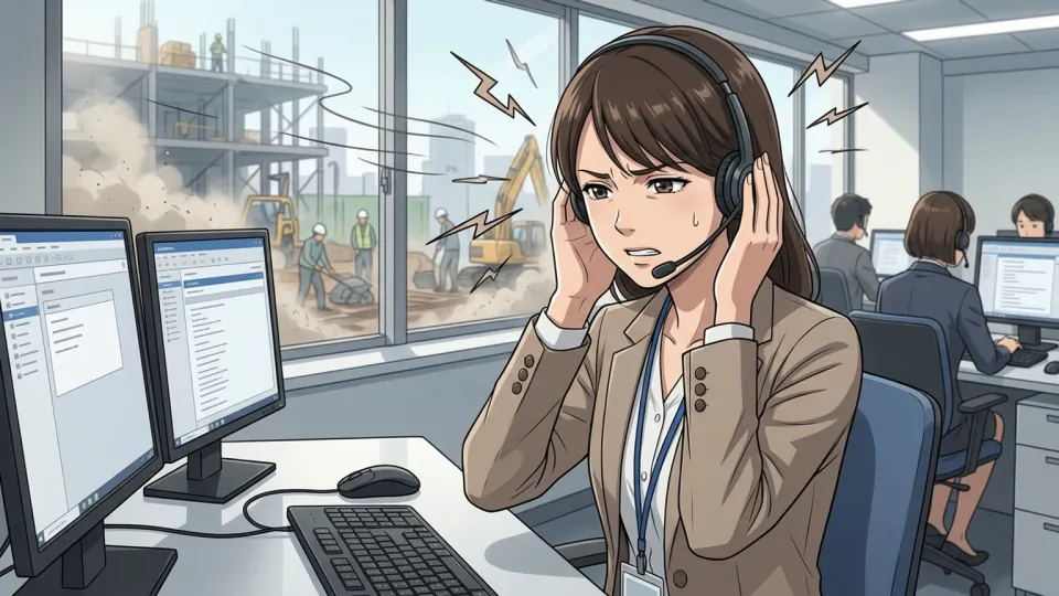 工事の騒音に電話対応を妨げられるコールセンター担当者
