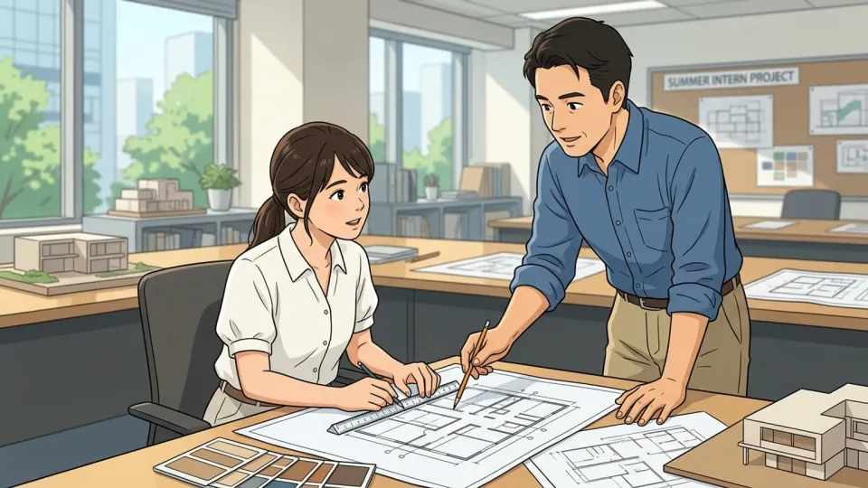 建築事務所で夏季実習生が設計図を見ながら社員の指導を受けている様子