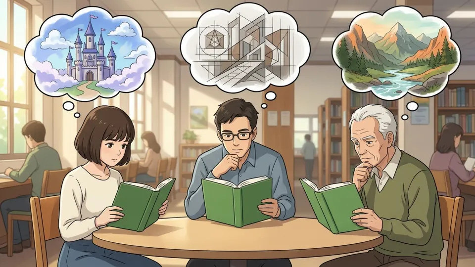 人々が詩を読み、それぞれ異なる解釈をしている様子