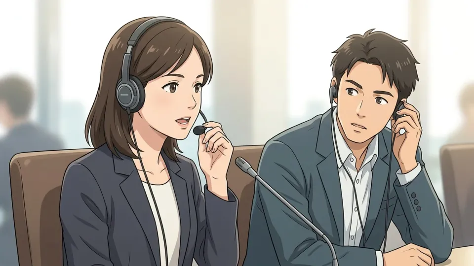 マイクに向かって通訳をしている女性のイラスト