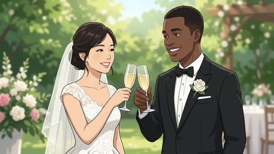 結婚式で笑顔を交わす異なる人種のカップル