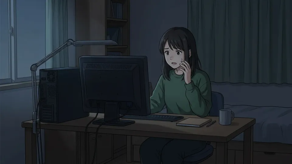 電源供給の中断により画面が消えたコンピュータ