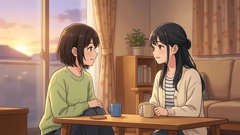 夕暮れの部屋で微笑み合う二人の人物