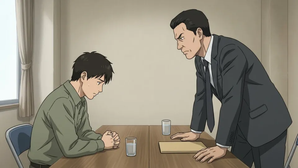 威圧的な男が座っている証人を鋭く見下ろしている様子。