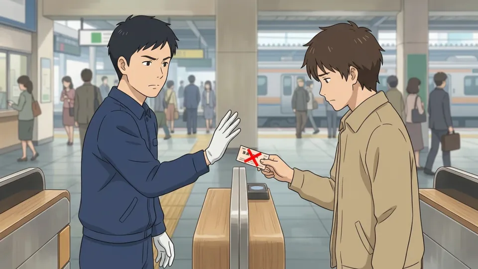 駅員が無効な切符を拒否しているイラスト