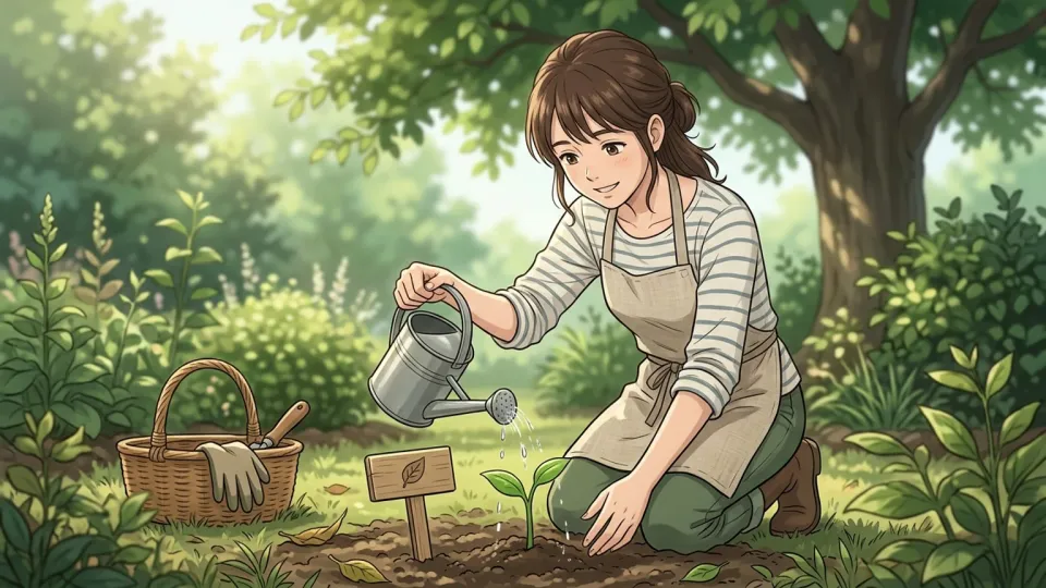 苗木に水をやり成長を促す人の様子