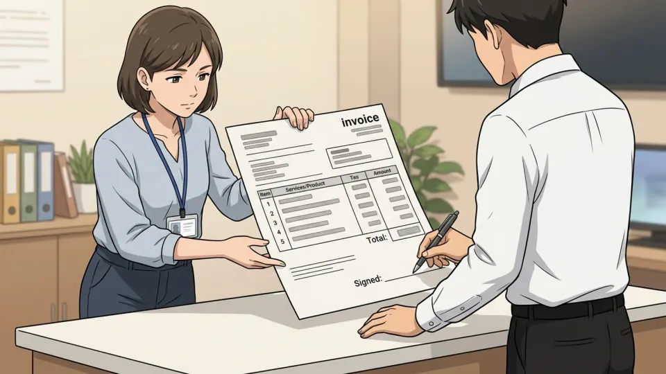 経理担当者が署名済み請求書を支払申請に添付している